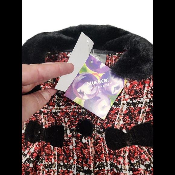 Blueberi Boulevard Coat Girls 3T Red Tweed Fur Collar Sequins Button Bow Holiday - Picture 2 of 4